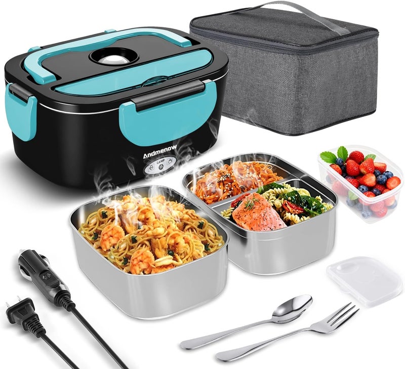 Andmenow Electric Lunch Box 80W Food Heater with Dual Container, Portable Lunch Warmer for Adults, Upgraded Heated Lunch Box for Car/Truck/Office,110/24/12V 1.5L Black+Blue - Image 1